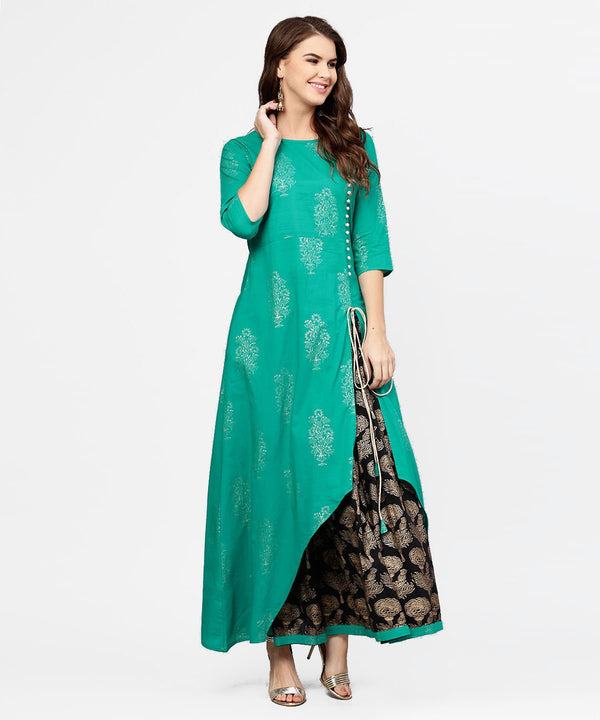 Green 3/4th sleeve cotton Assymetric kurta with black printed skirt | NOZ2TOZ - Made In INDIA.