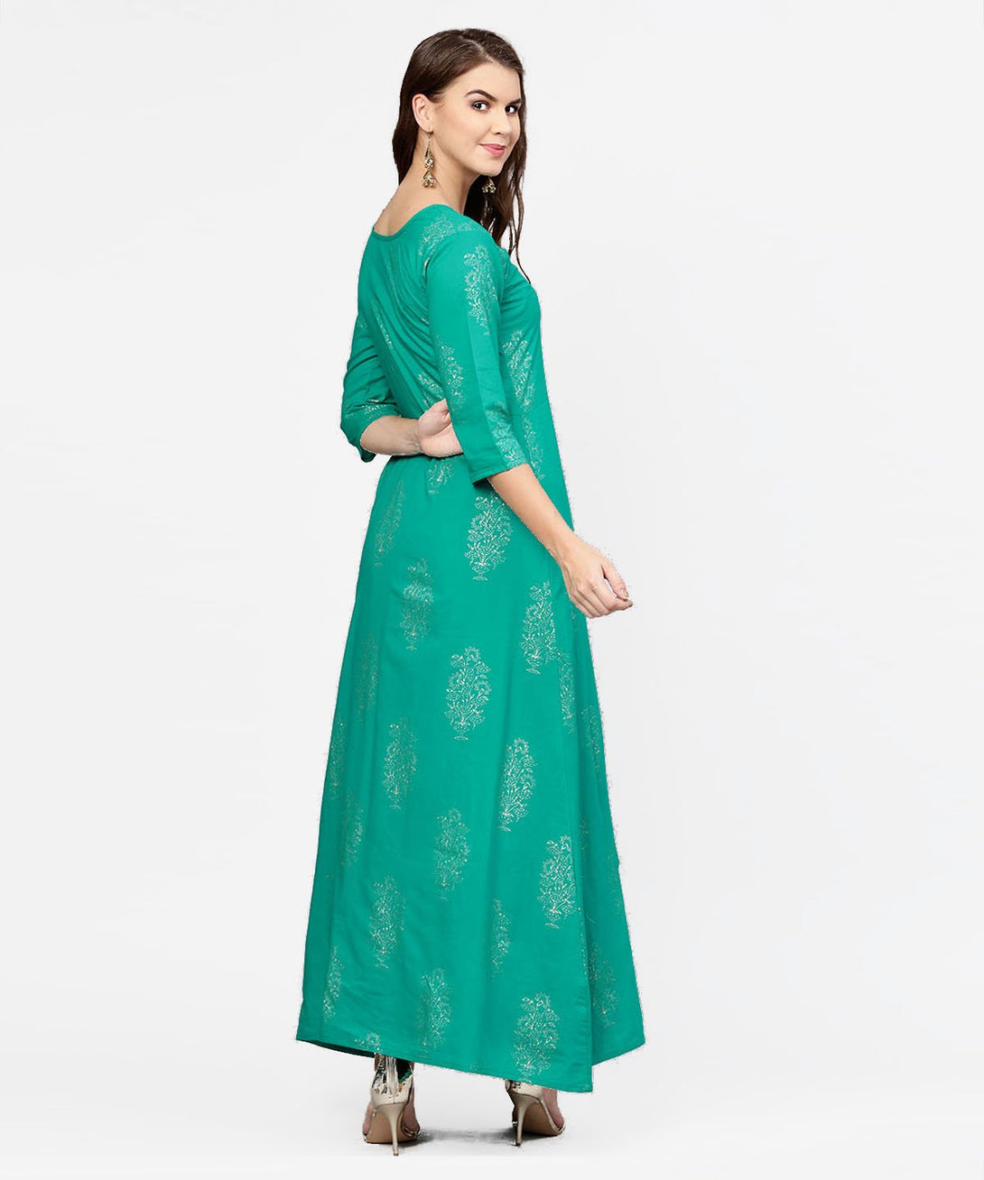 Green 3/4th sleeve cotton Assymetric kurta with black printed skirt | NOZ2TOZ - Made In INDIA.