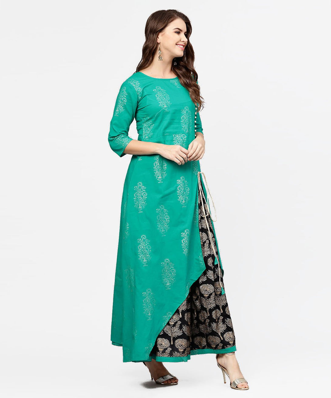 Green 3/4th sleeve cotton Assymetric kurta with black printed skirt | NOZ2TOZ - Made In INDIA.