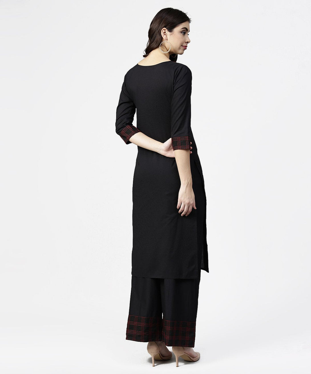 Black 3/4th sleeve yoke printed kurta with ankle length pallazo | NOZ2TOZ - Made In INDIA.