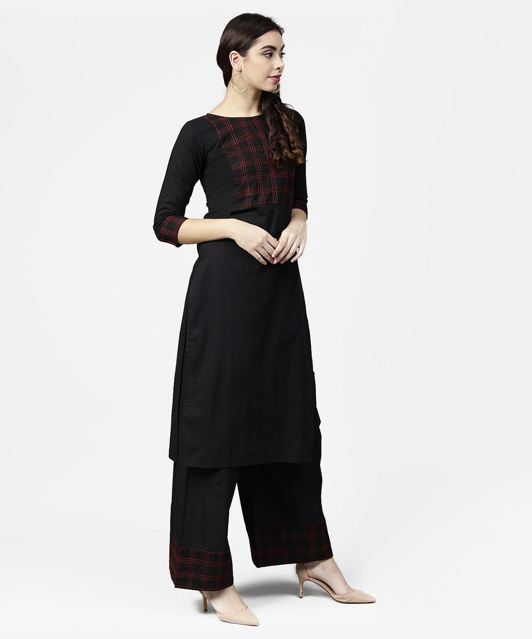 Black 3/4th sleeve yoke printed kurta with ankle length pallazo | NOZ2TOZ - Made In INDIA.