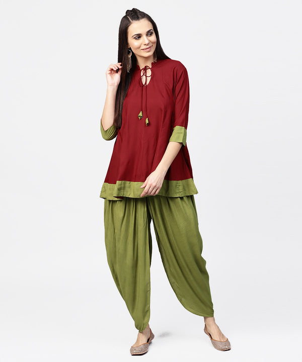 Maroon 3/4th sleeve rayon tunic with printed border | NOZ2TOZ - Made In INDIA.