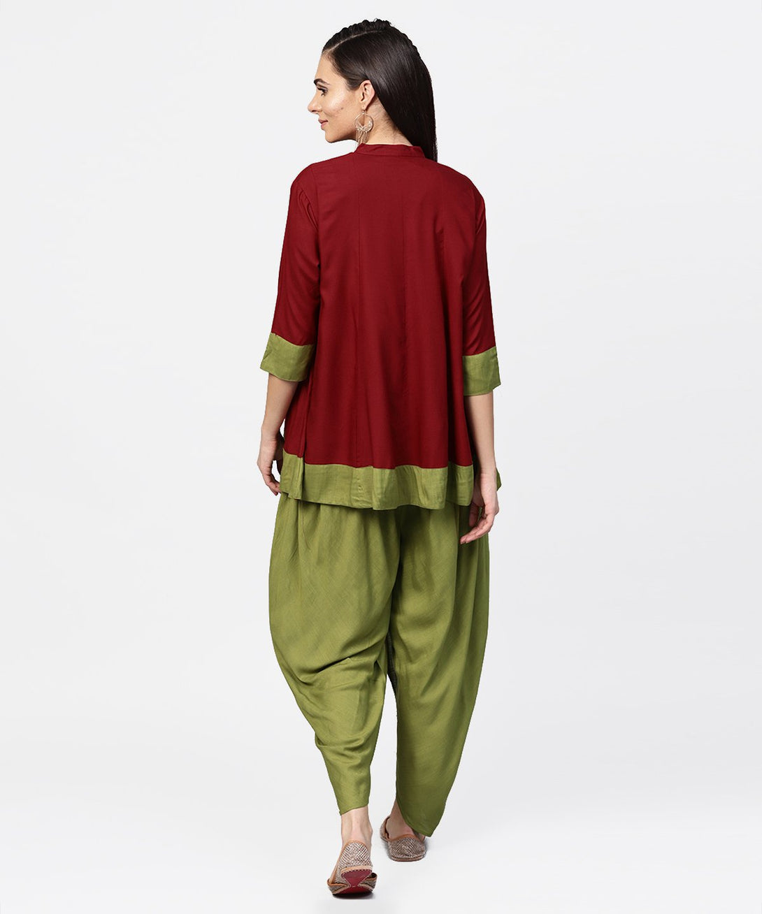 Maroon 3/4th sleeve rayon tunic with printed border | NOZ2TOZ - Made In INDIA.