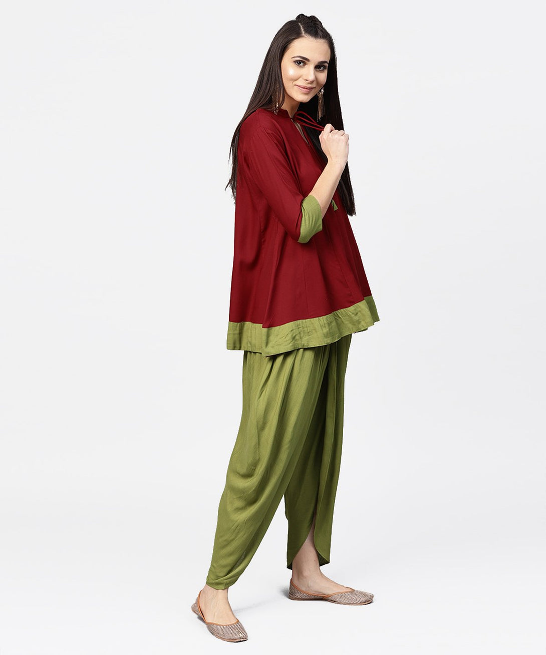 Maroon 3/4th sleeve rayon tunic with printed border | NOZ2TOZ - Made In INDIA.