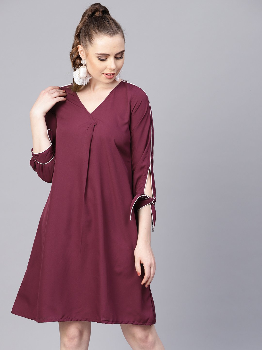 Burgundy A-line dress with knot style sleeves | NOZ2TOZ - Made In INDIA.