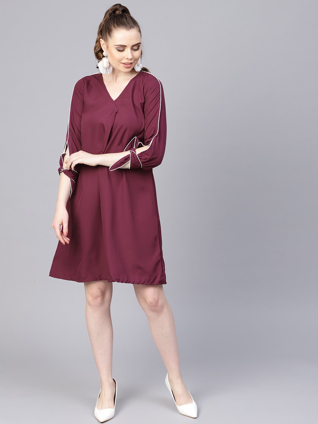 Burgundy A-line dress with knot style sleeves | NOZ2TOZ - Made In INDIA.