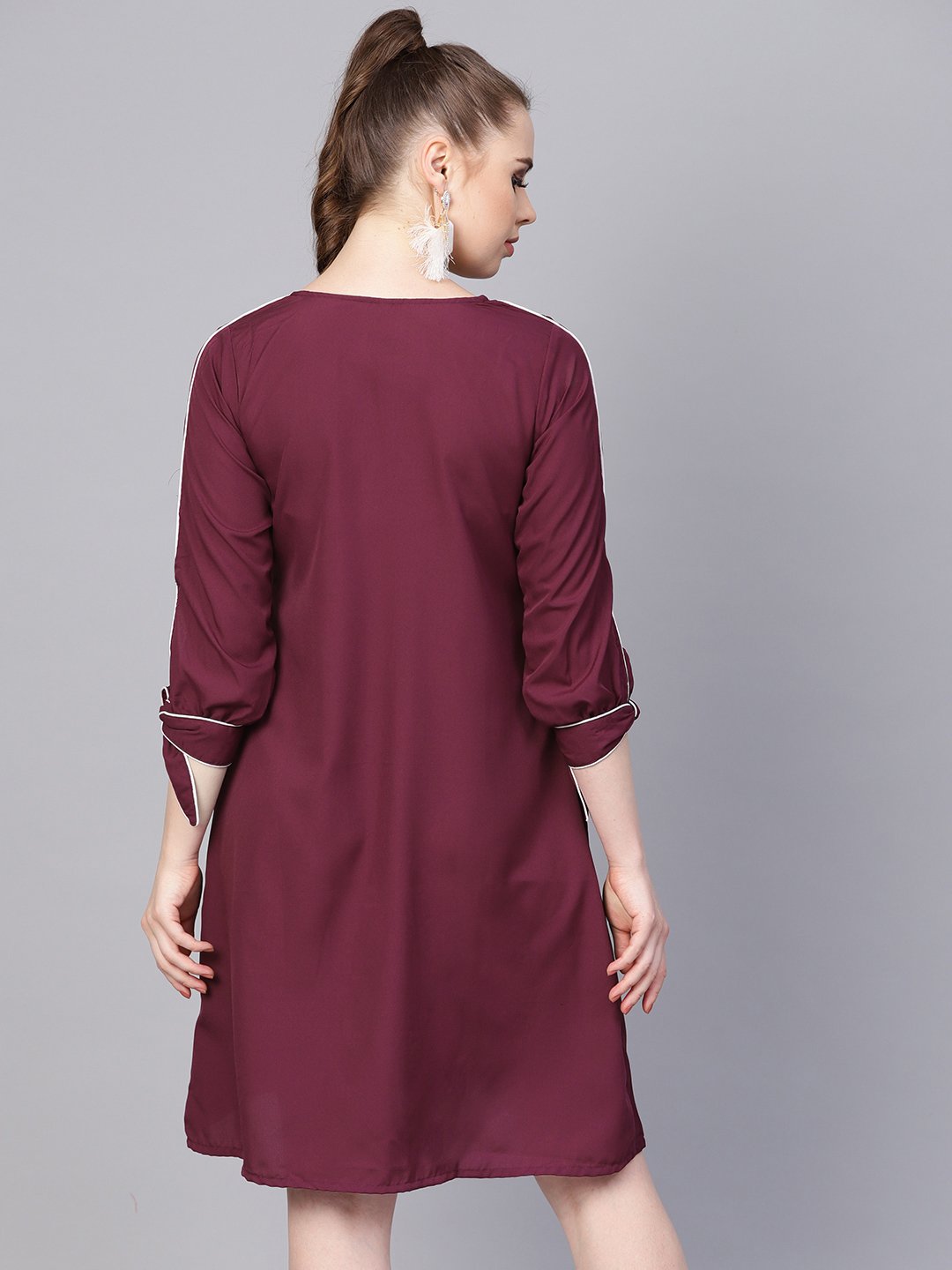 Burgundy A-line dress with knot style sleeves | NOZ2TOZ - Made In INDIA.