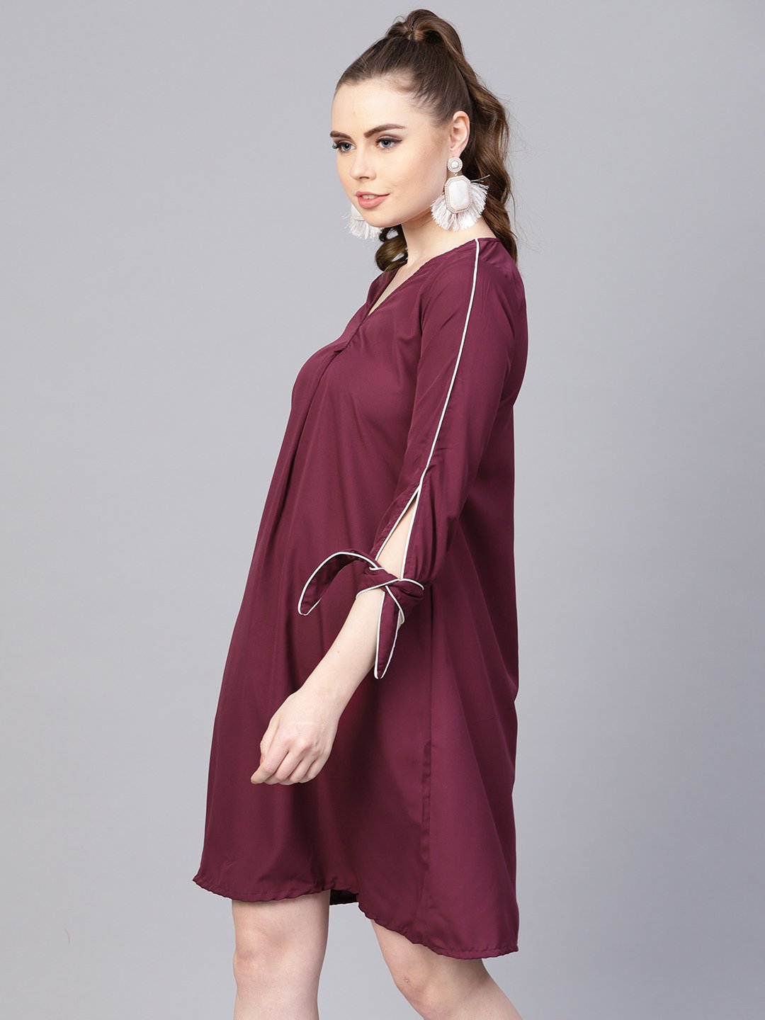 Burgundy A-line dress with knot style sleeves | NOZ2TOZ - Made In INDIA.