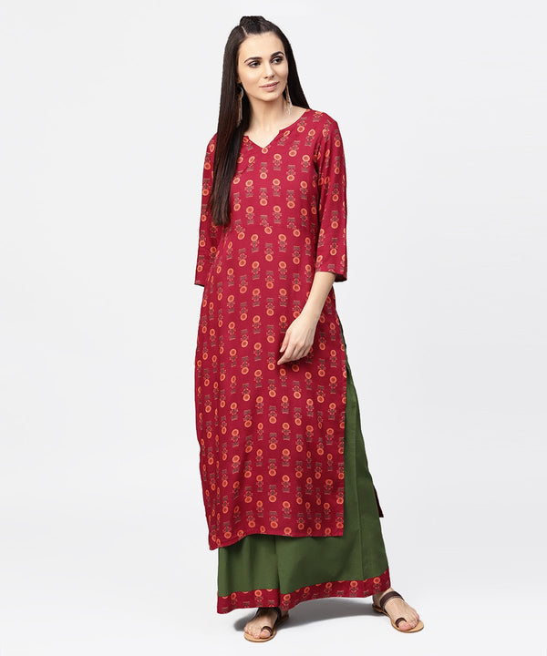 Maroon printed 3/4th sleeve cotton kurta with green ankle length palazzo | NOZ2TOZ - Made In INDIA.