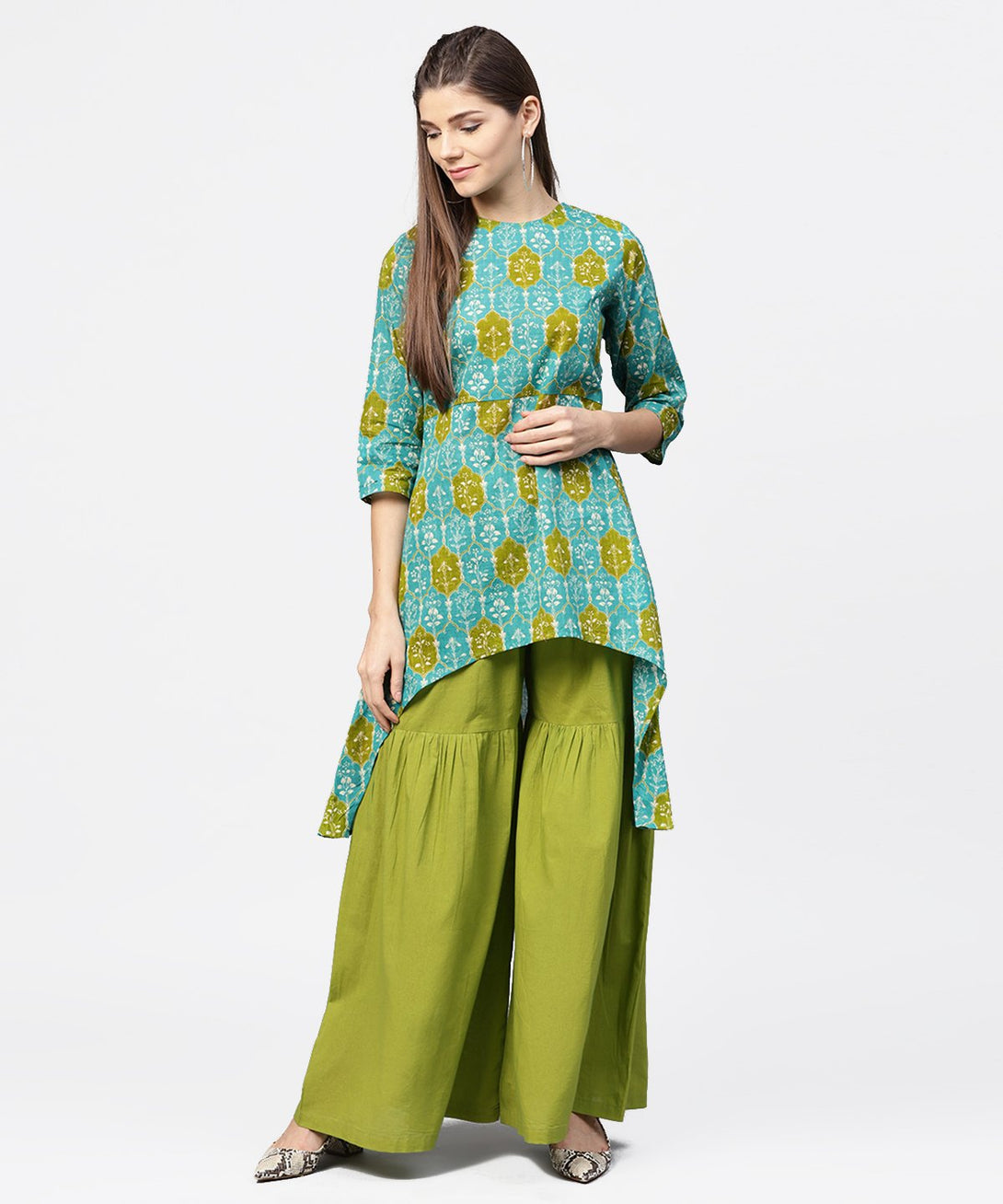 Green printed 3/4th sleeve cotton High low kurta with green sharara | NOZ2TOZ - Made In INDIA.