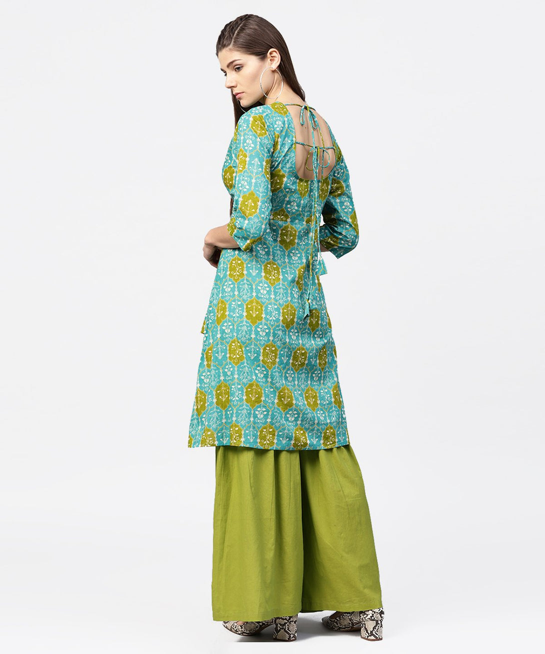 Green printed 3/4th sleeve cotton High low kurta with green sharara | NOZ2TOZ - Made In INDIA.