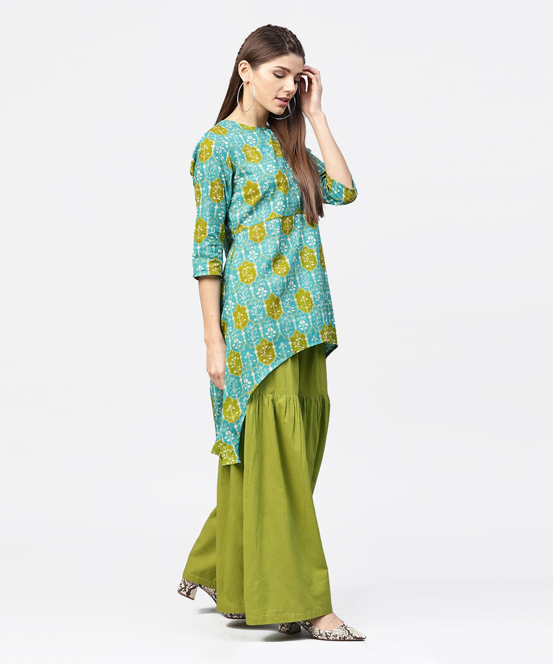 Green printed 3/4th sleeve cotton High low kurta with green sharara | NOZ2TOZ - Made In INDIA.