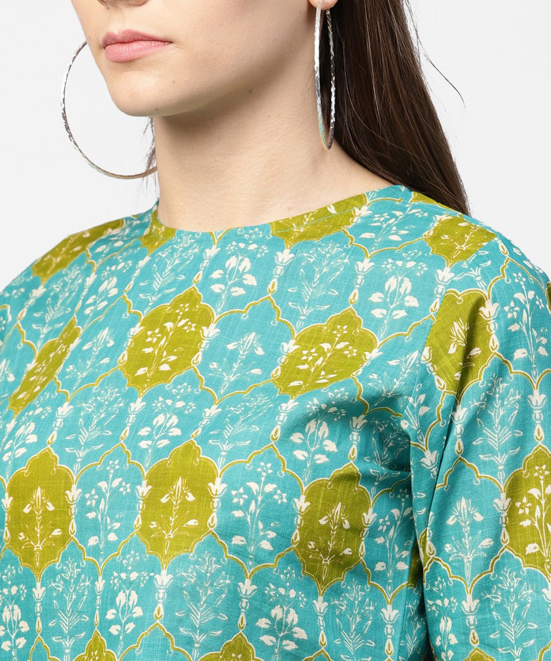 Green printed 3/4th sleeve cotton High low kurta with green sharara | NOZ2TOZ - Made In INDIA.