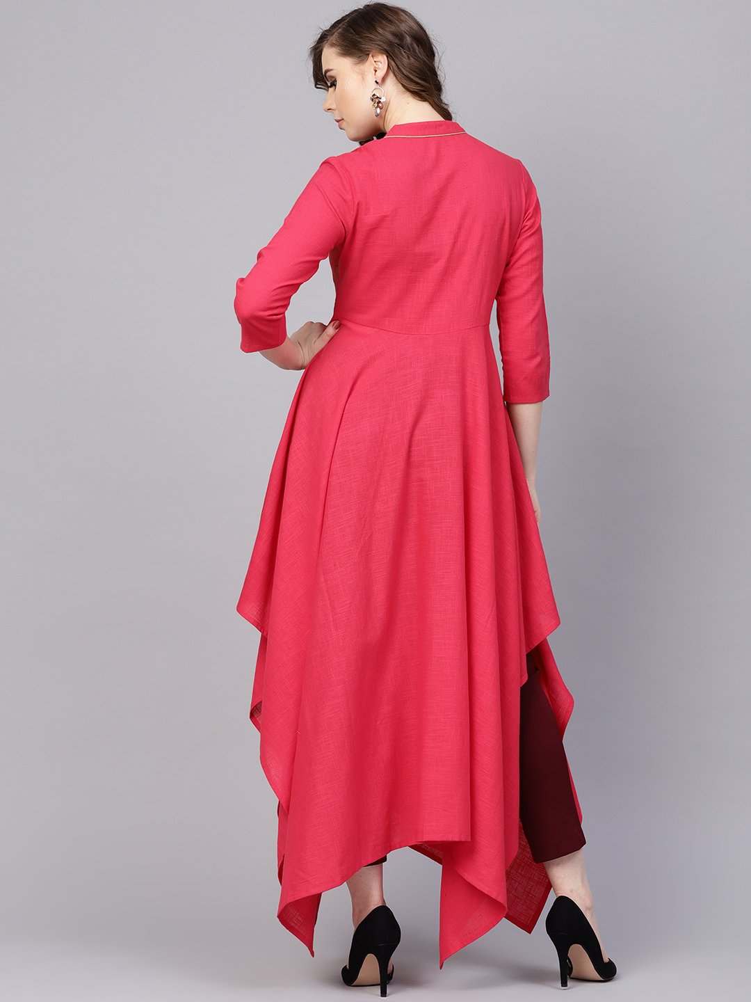 Cotton Fushia Pink Asyemmetric kurta with Madarin Collar & 3/4 sleeves | NOZ2TOZ - Made In INDIA.