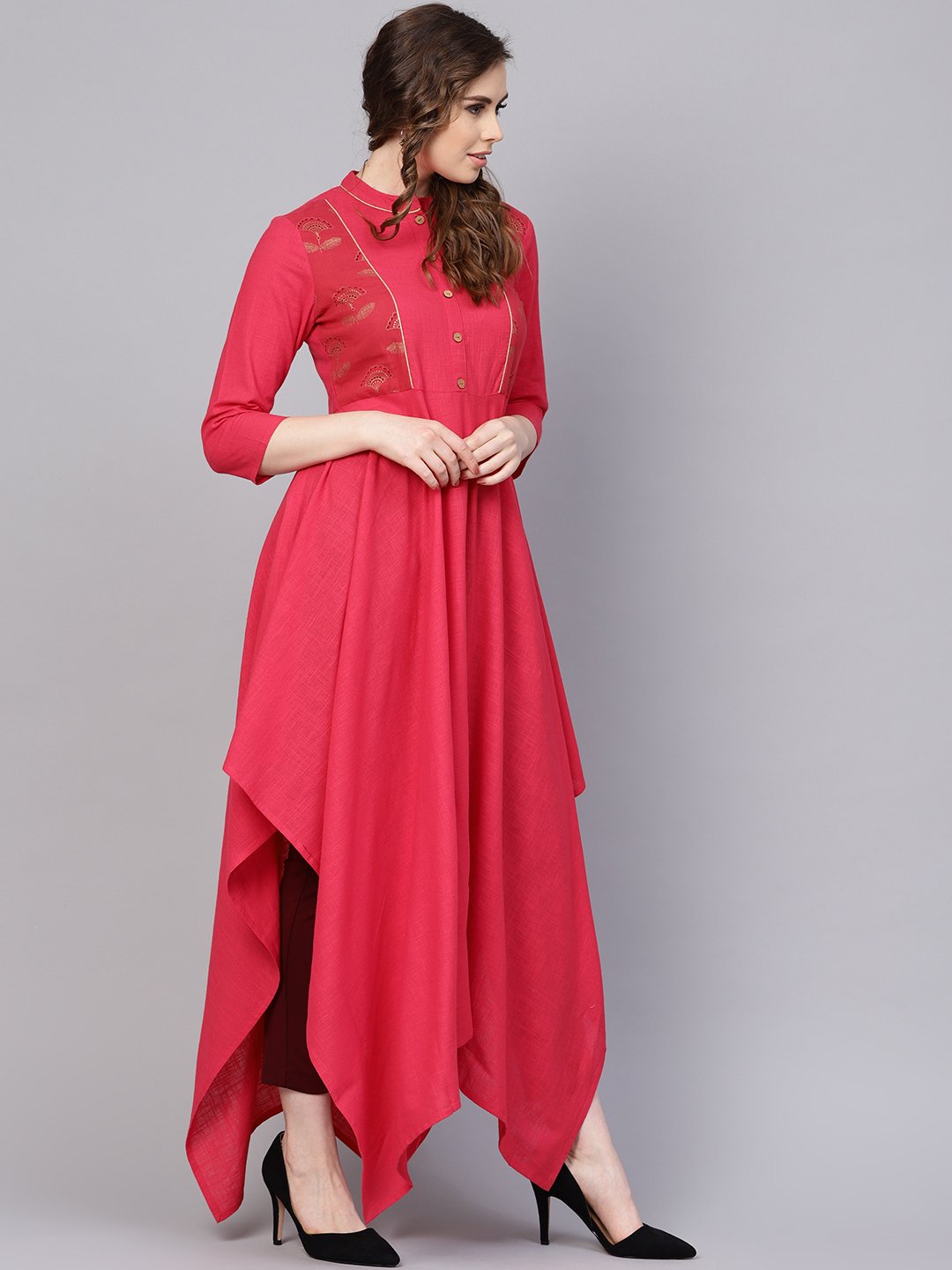 Cotton Fushia Pink Asyemmetric kurta with Madarin Collar & 3/4 sleeves | NOZ2TOZ - Made In INDIA.