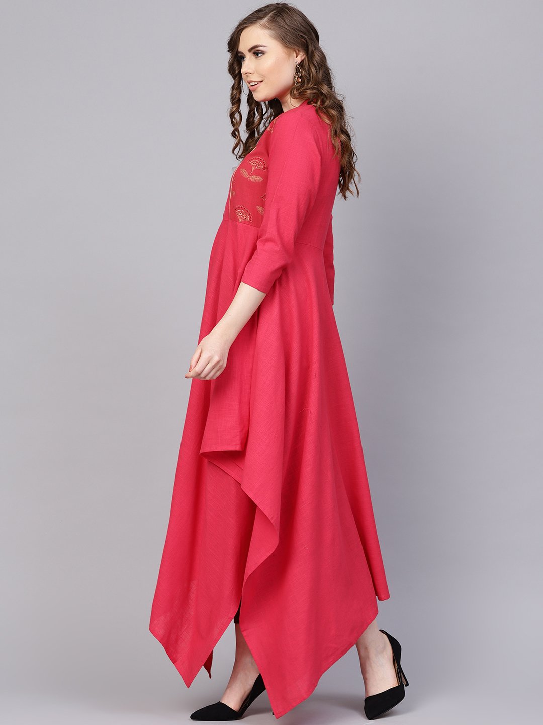 Cotton Fushia Pink Asyemmetric kurta with Madarin Collar & 3/4 sleeves | NOZ2TOZ - Made In INDIA.