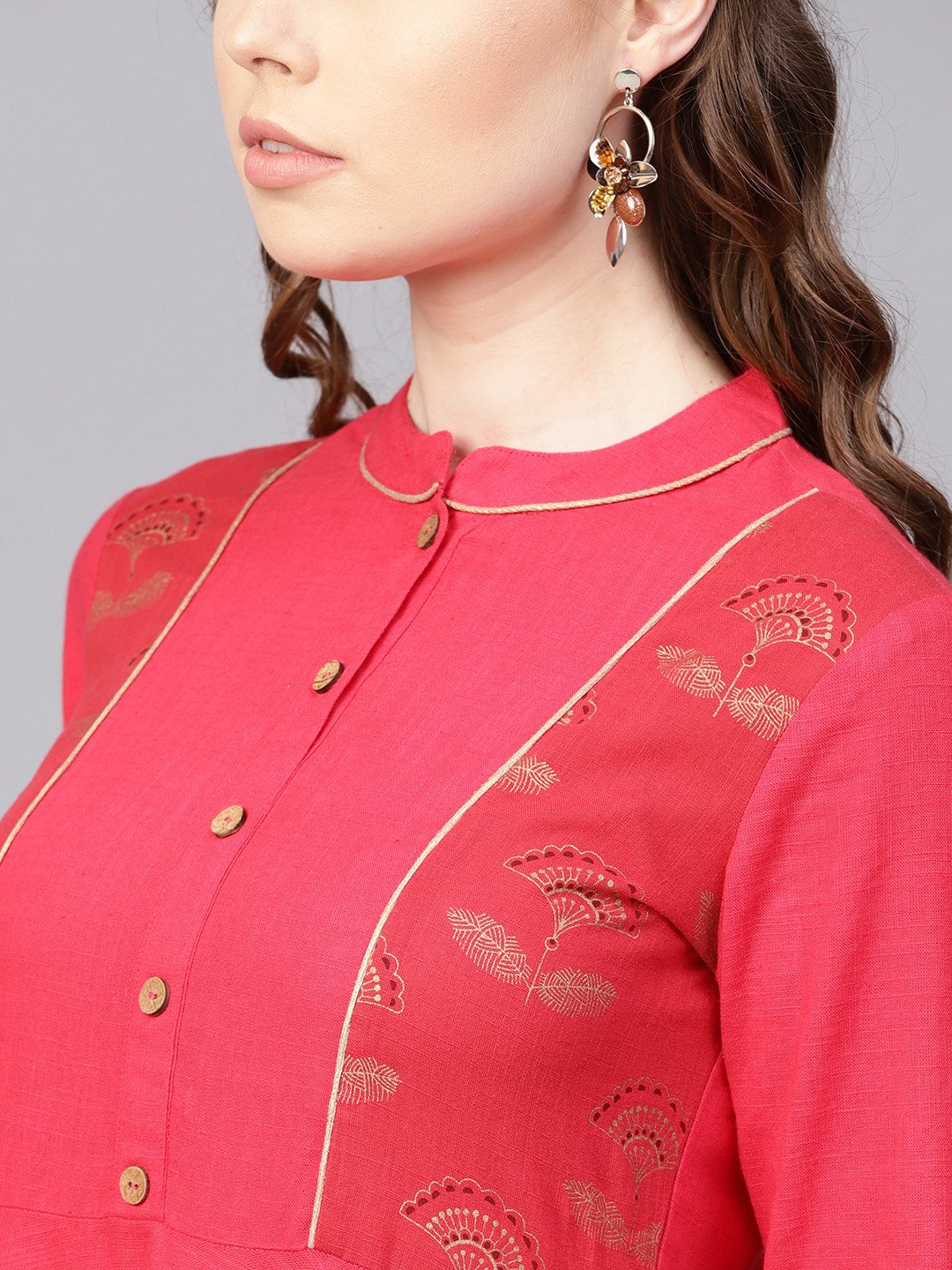 Cotton Fushia Pink Asyemmetric kurta with Madarin Collar & 3/4 sleeves | NOZ2TOZ - Made In INDIA.