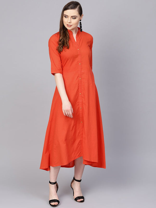 Solid Orange Maxi Dress with Madarin Collar & 3/4 sleeves | NOZ2TOZ - Made In INDIA.