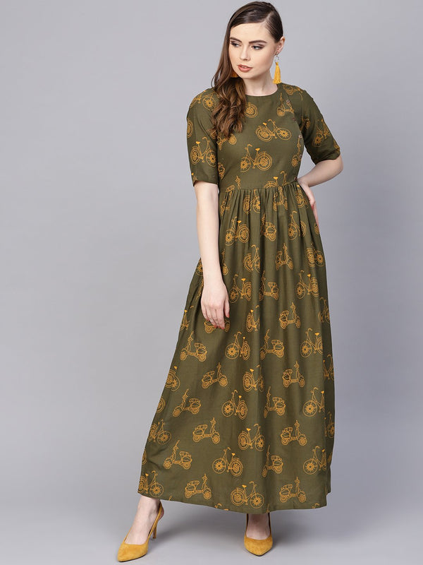 Military Green printed Maxi Dress with Side Shoulder Placket with Half sleeves | NOZ2TOZ - Made In INDIA.