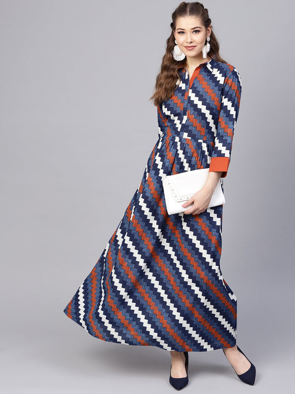 Indigo Blue Geometric Maxi Dress with Shirt Collar & 3/4 sleeves | NOZ2TOZ - Made In INDIA.