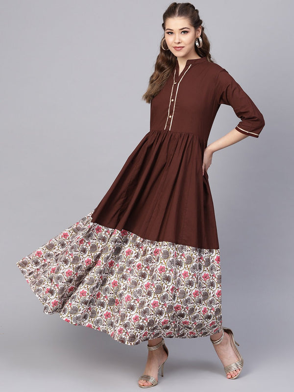 Dark Brown Maxi dress  with printed Border & Front placket with Madarin collar | NOZ2TOZ - Made In INDIA.