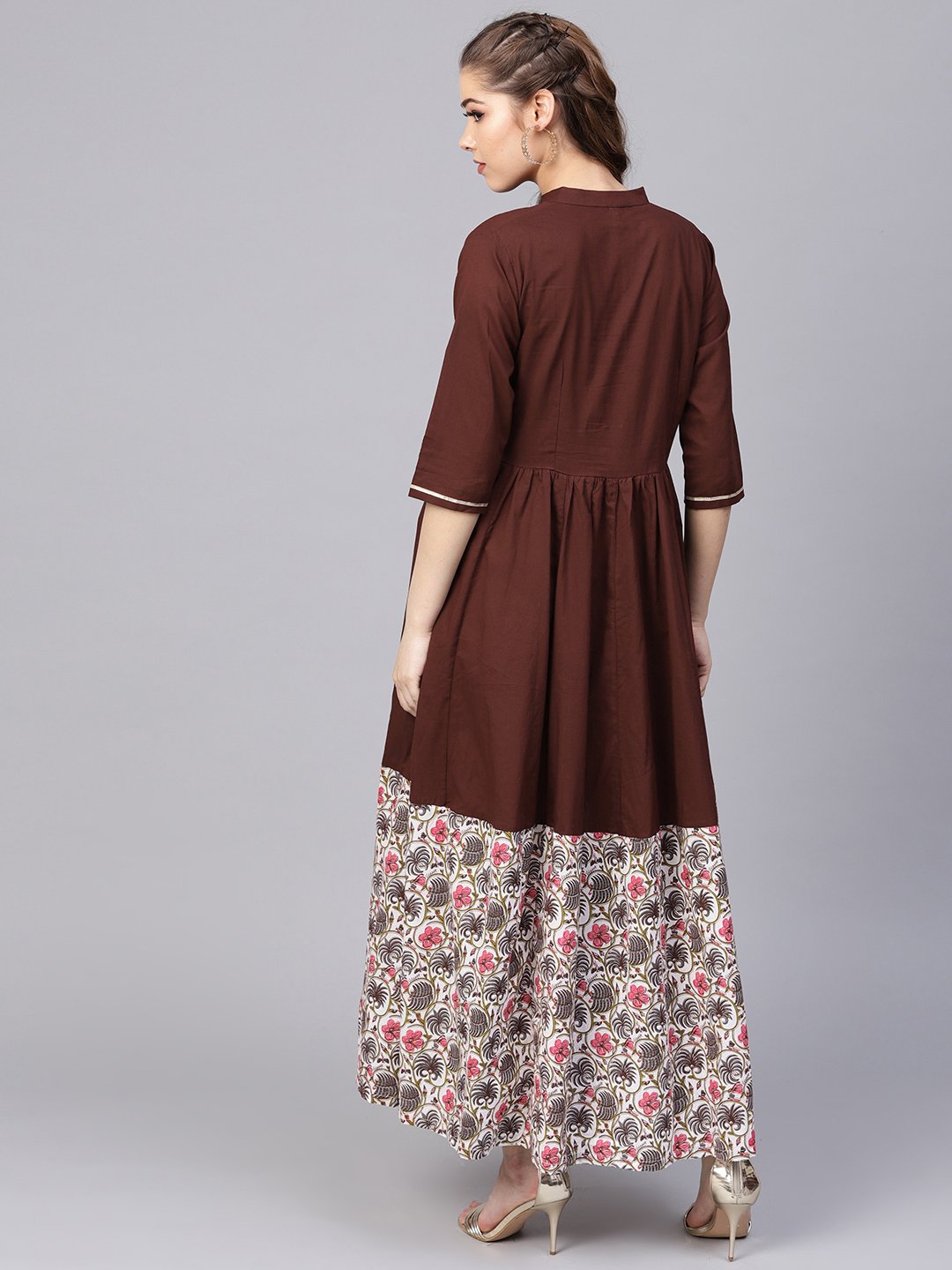 Dark Brown Maxi dress  with printed Border & Front placket with Madarin collar | NOZ2TOZ - Made In INDIA.