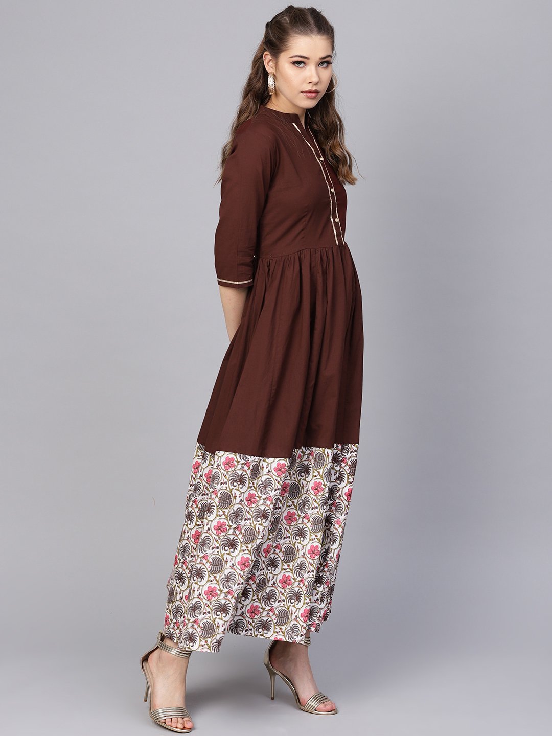 Dark Brown Maxi dress  with printed Border & Front placket with Madarin collar | NOZ2TOZ - Made In INDIA.