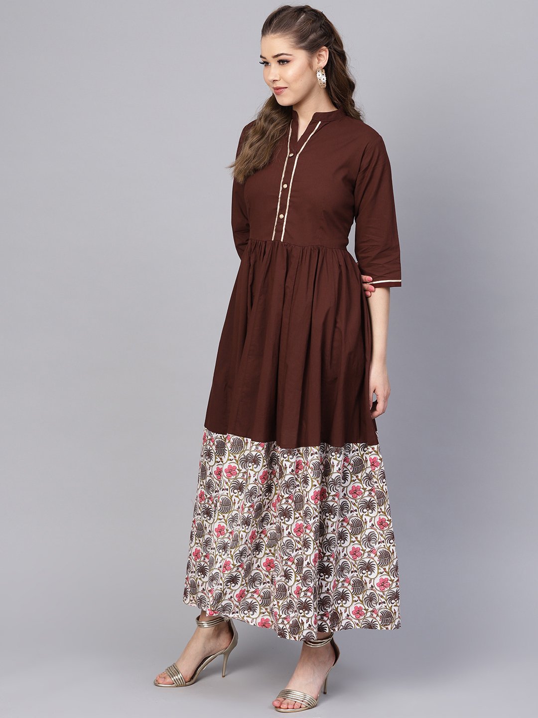 Dark Brown Maxi dress  with printed Border & Front placket with Madarin collar | NOZ2TOZ - Made In INDIA.