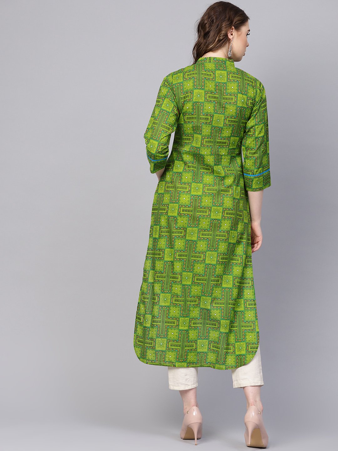 Green geometric printed with closed collar and side placket | NOZ2TOZ - Made In INDIA.