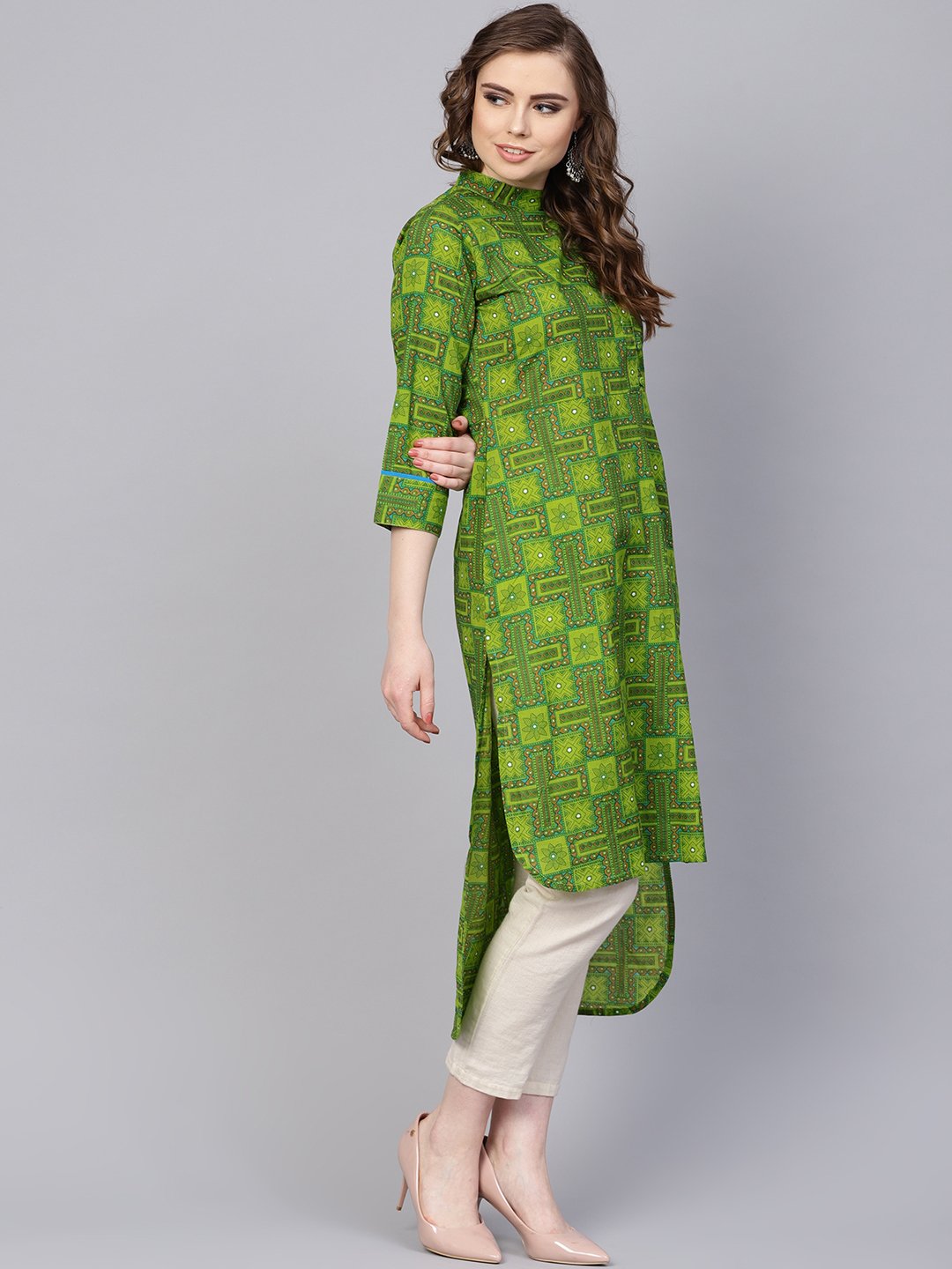 Green geometric printed with closed collar and side placket | NOZ2TOZ - Made In INDIA.