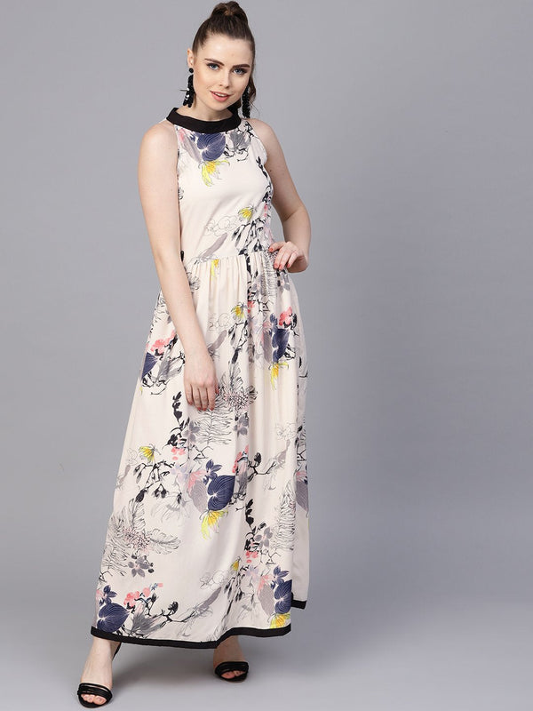 Cream Floral sleeveless printed Maxi Dress | NOZ2TOZ - Made In INDIA.