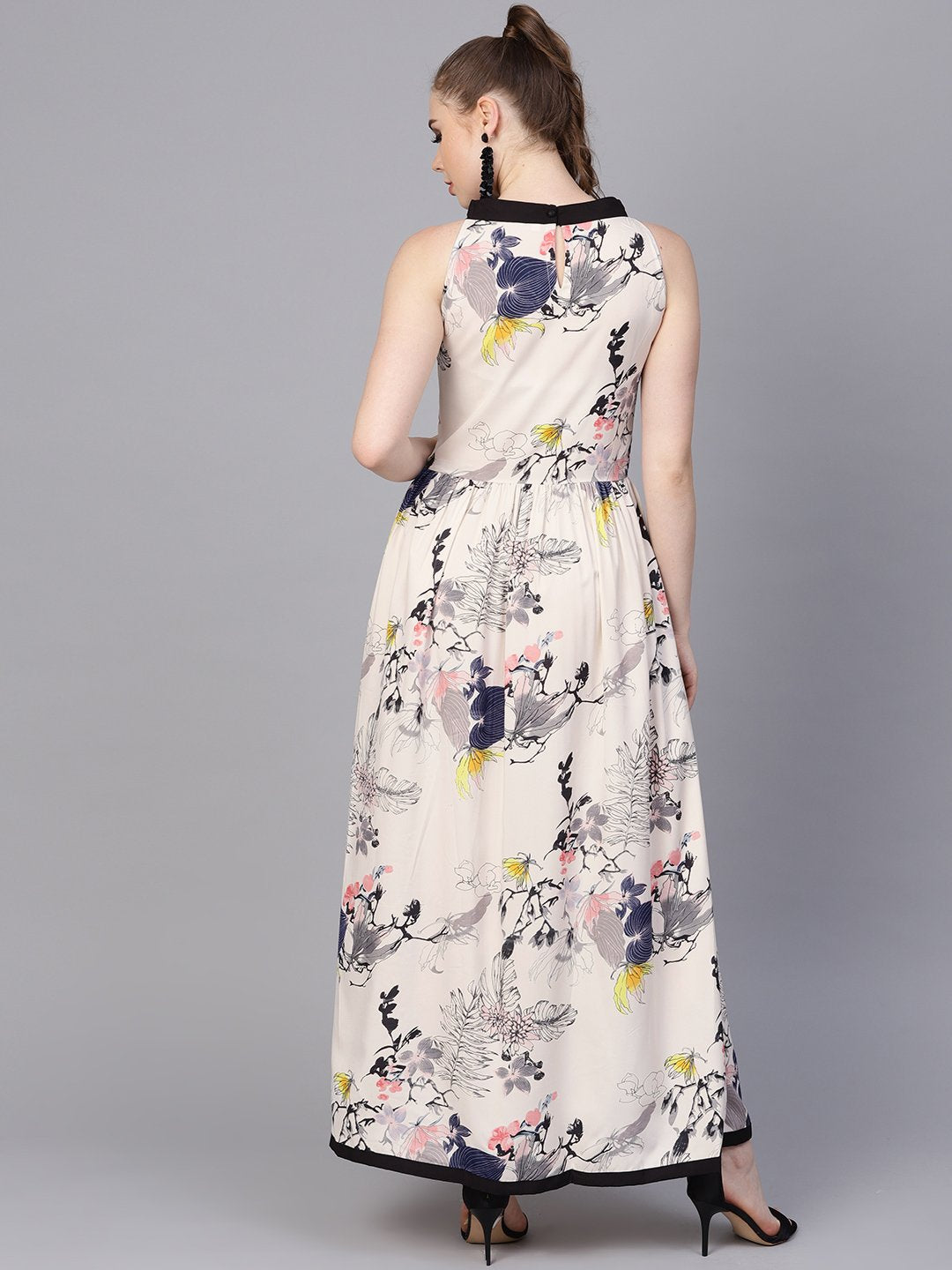 Cream Floral sleeveless printed Maxi Dress | NOZ2TOZ - Made In INDIA.