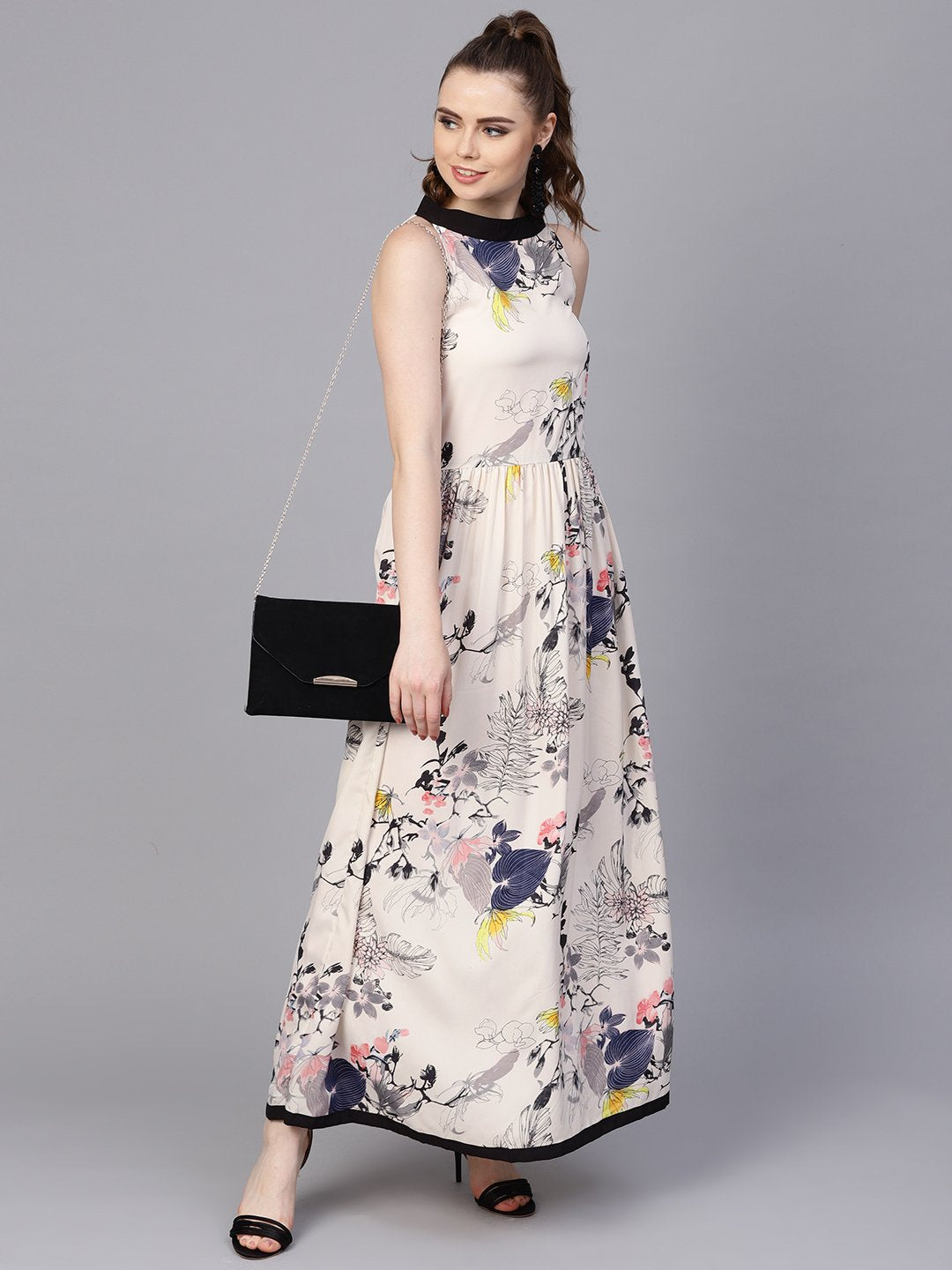 Cream Floral sleeveless printed Maxi Dress | NOZ2TOZ - Made In INDIA.