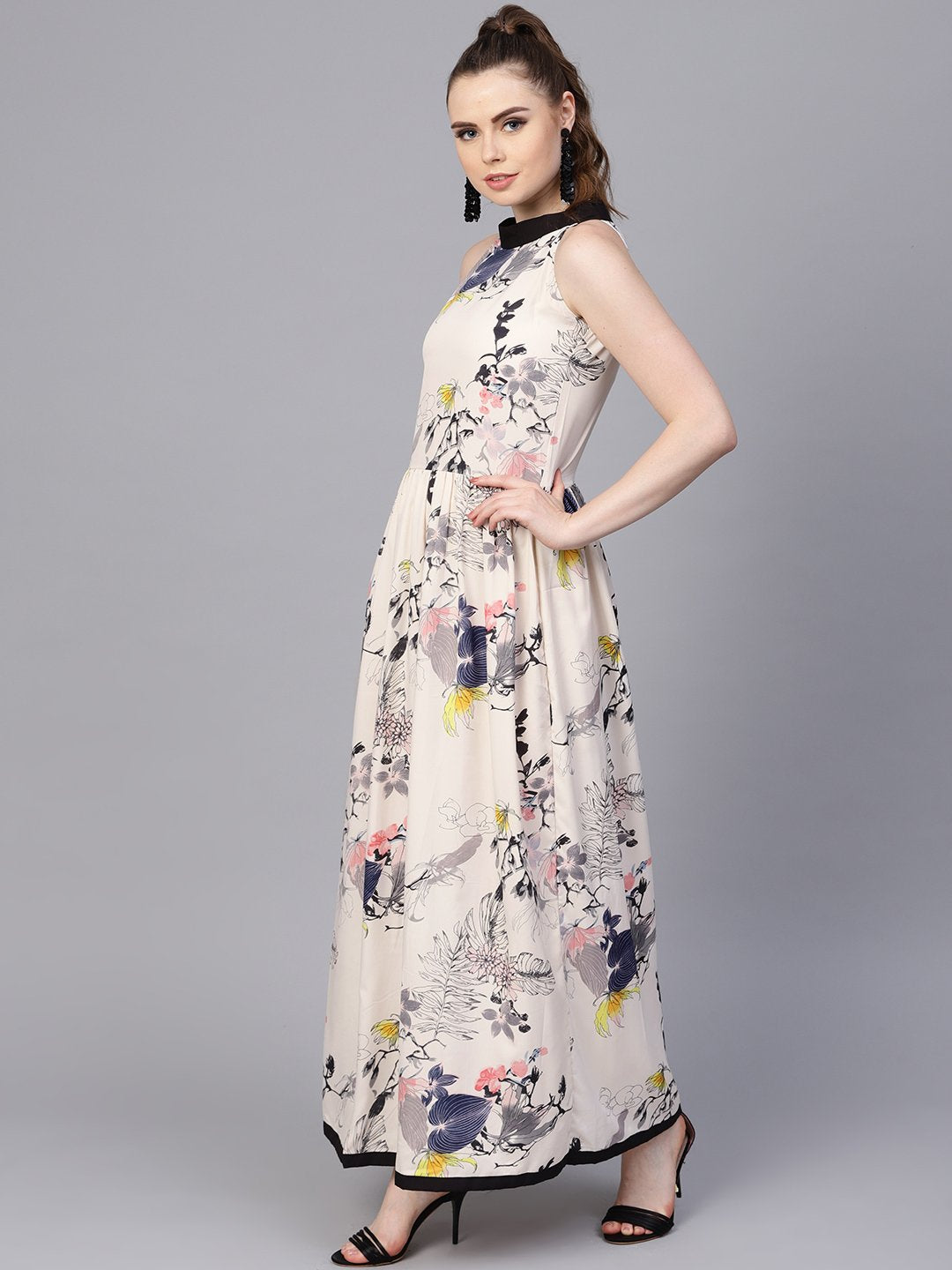 Cream Floral sleeveless printed Maxi Dress | NOZ2TOZ - Made In INDIA.