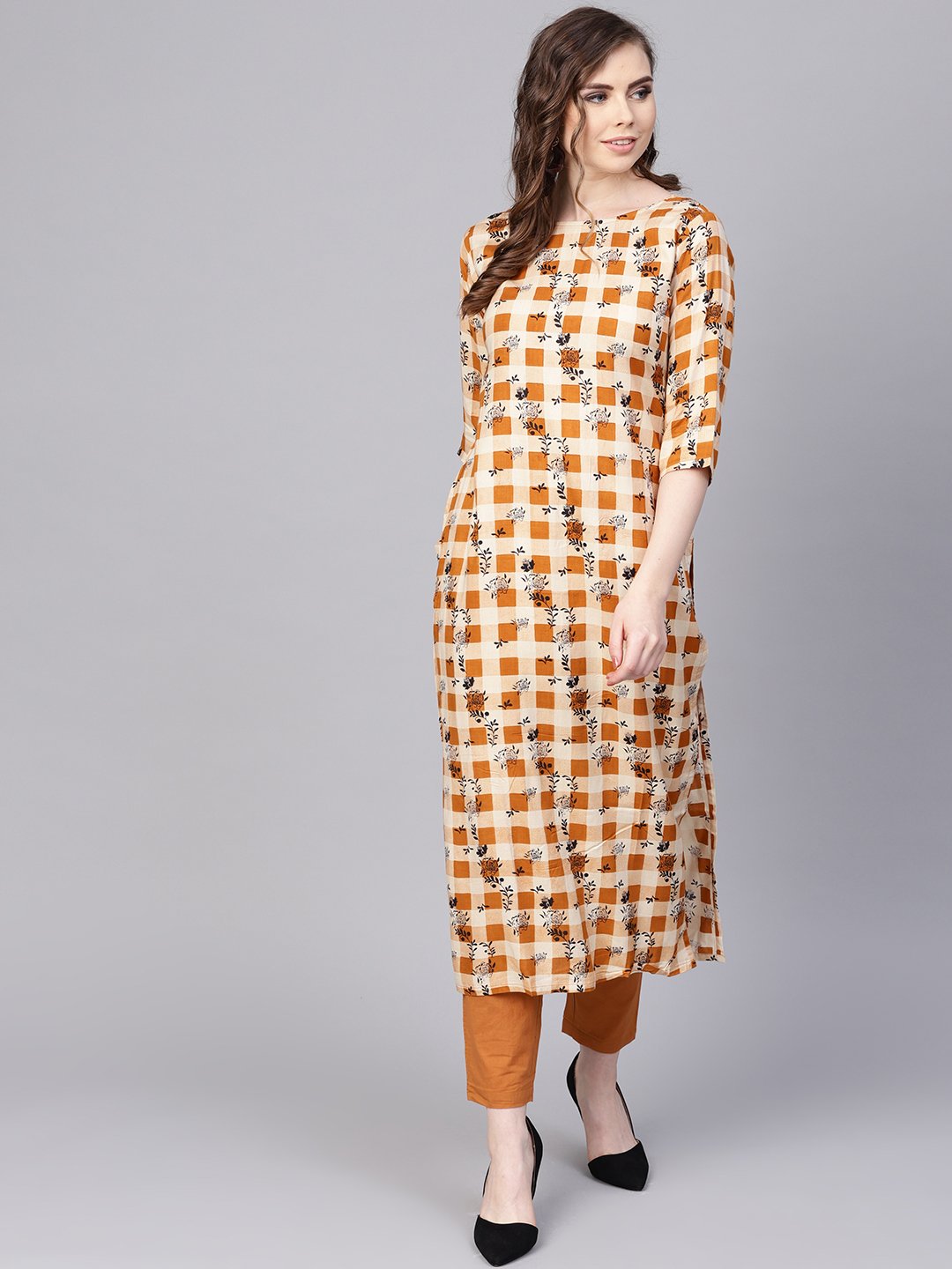 Camel  Brown Checked with florals Kurta Set with Solid Palazzo | NOZ2TOZ - Made In INDIA.