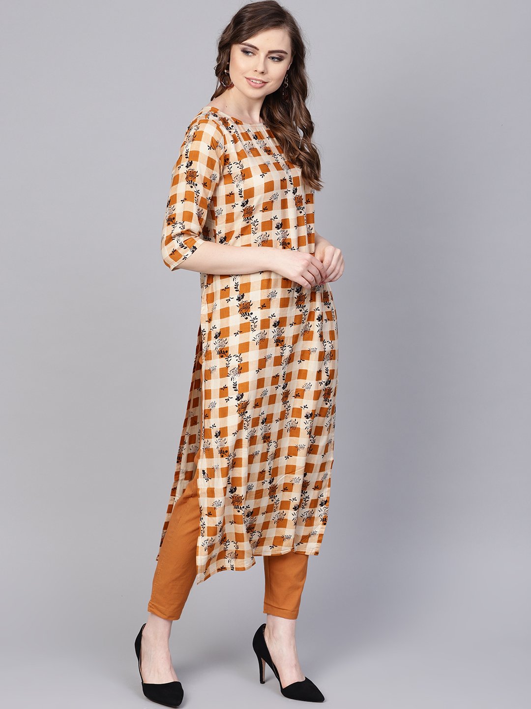 Camel  Brown Checked with florals Kurta Set with Solid Palazzo | NOZ2TOZ - Made In INDIA.