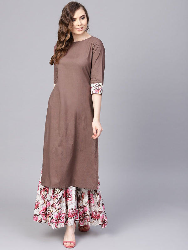 Solid coffee Brown 3/4th sleeve cotton Kurta with Printed Floral Sharara | NOZ2TOZ - Made In INDIA.