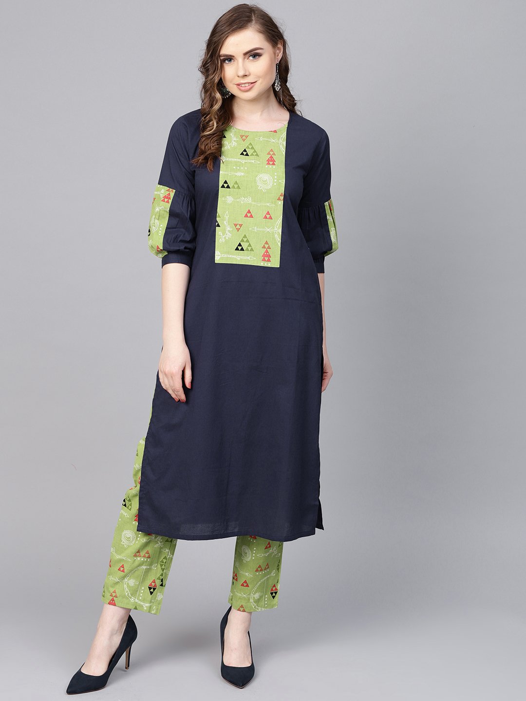 Light green Printed set with Navy Blue Solid Kurta & green printed Palazzo | NOZ2TOZ - Made In INDIA.