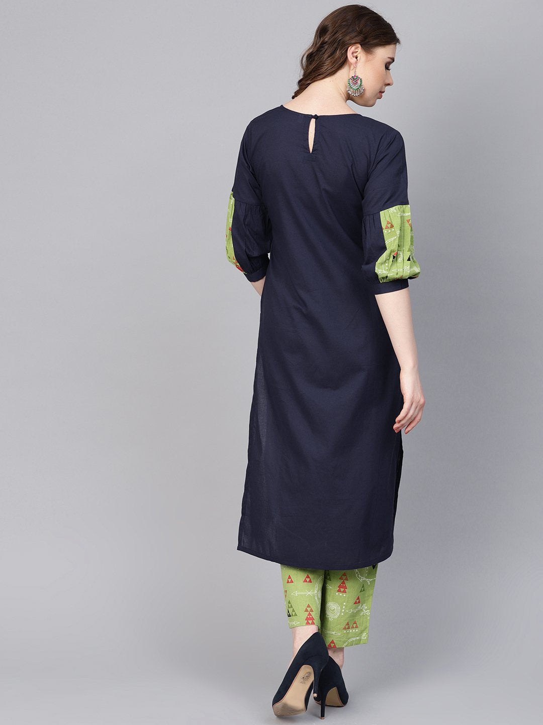 Light green Printed set with Navy Blue Solid Kurta & green printed Palazzo | NOZ2TOZ - Made In INDIA.