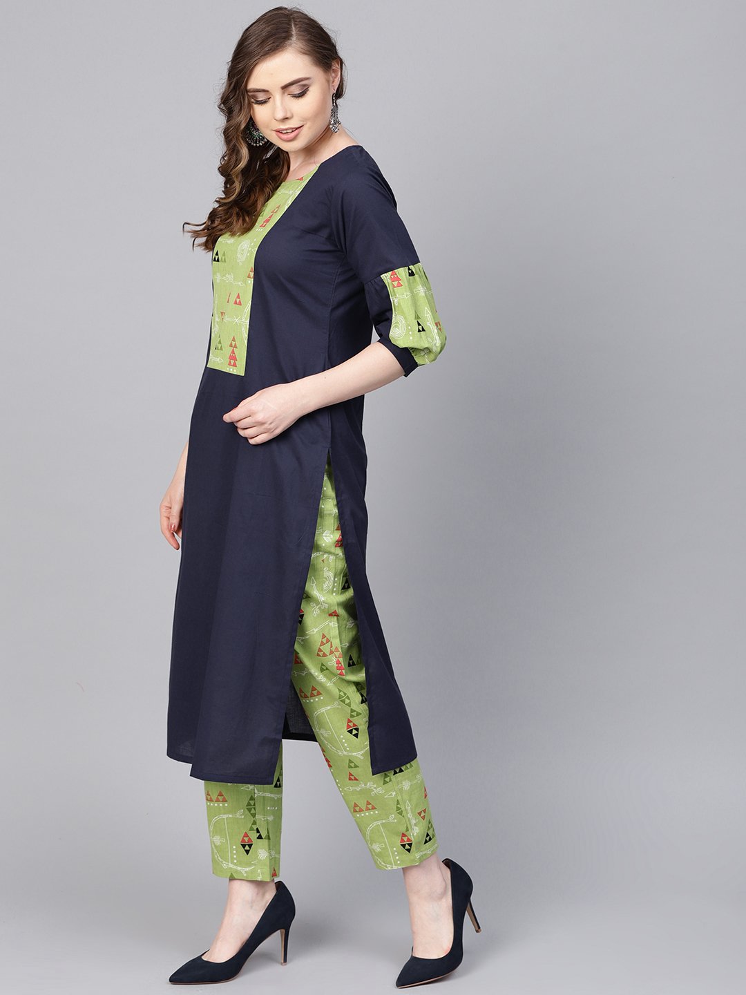 Light green Printed set with Navy Blue Solid Kurta & green printed Palazzo | NOZ2TOZ - Made In INDIA.