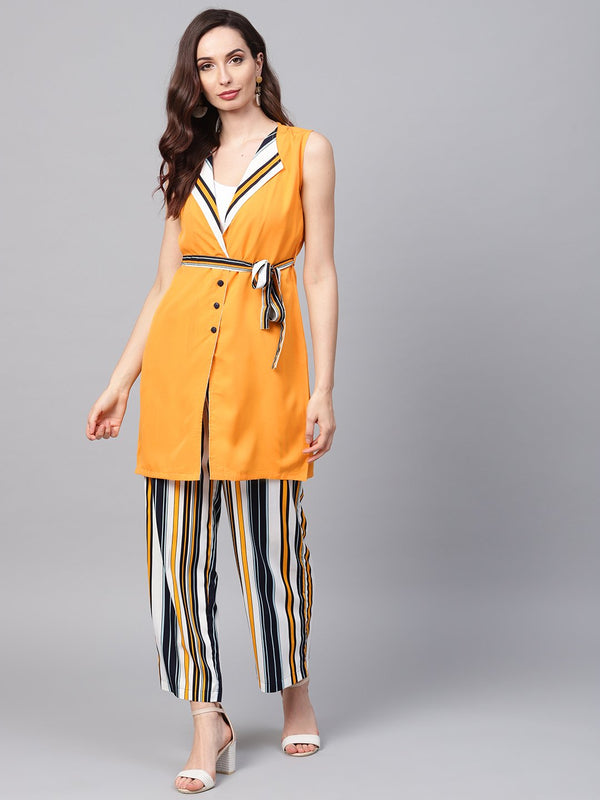 Solid yellow Jacket & Stripped Palazzo Clothing set | NOZ2TOZ - Made In INDIA.