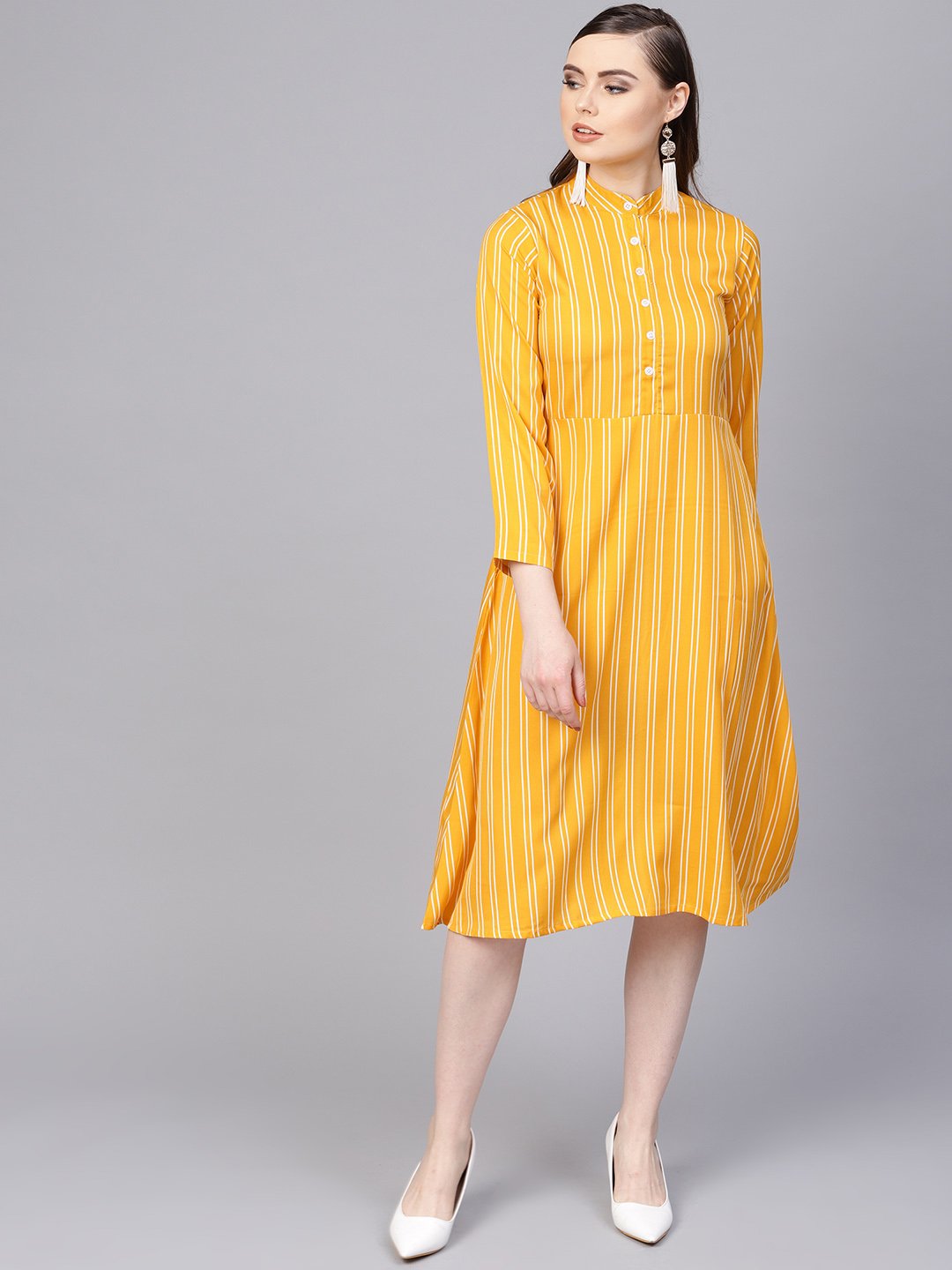 Yellow & white Striped Dress with Madarin Collar & Full Sleeves | NOZ2TOZ - Made In INDIA.