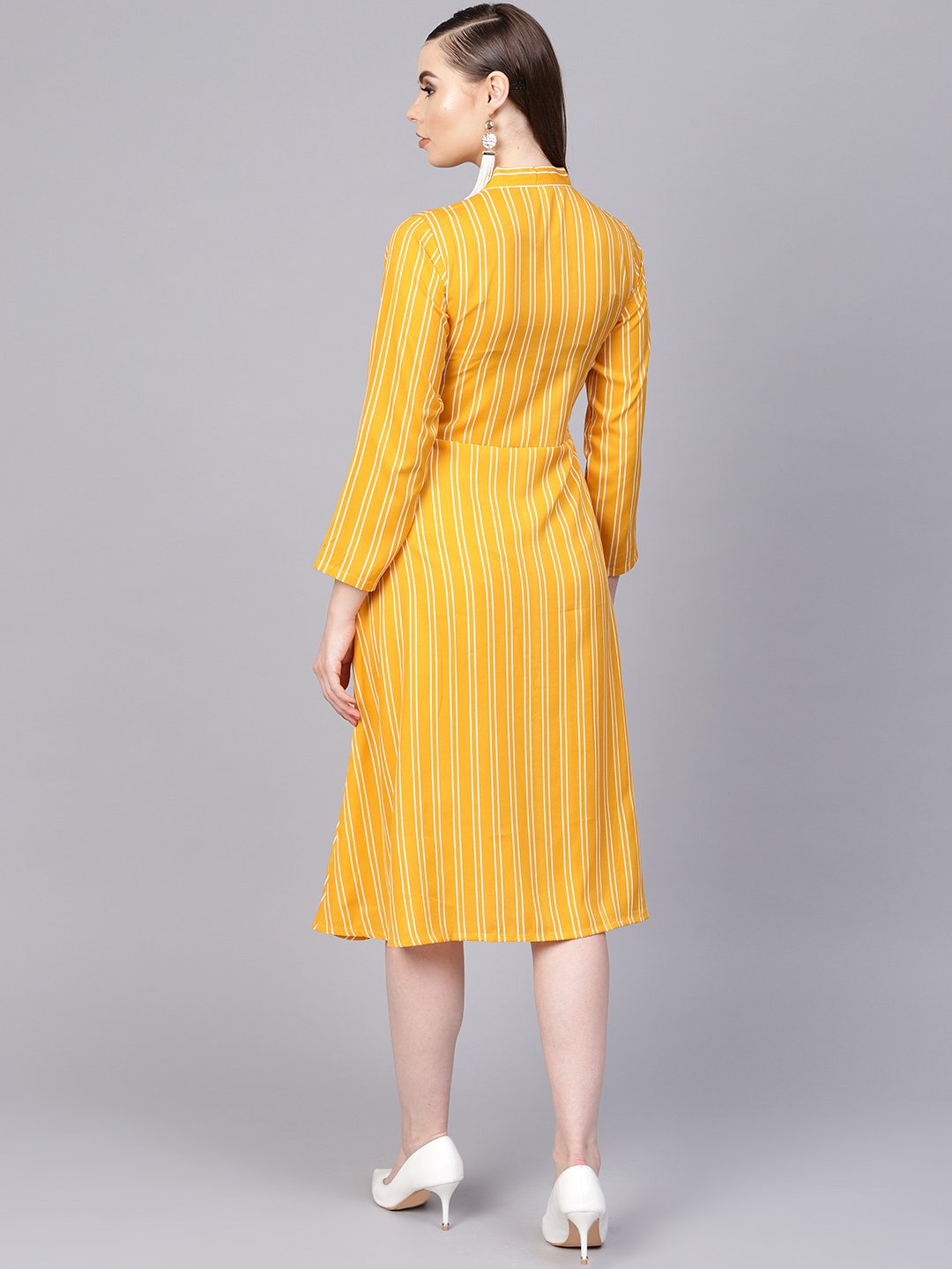 Yellow & white Striped Dress with Madarin Collar & Full Sleeves | NOZ2TOZ - Made In INDIA.