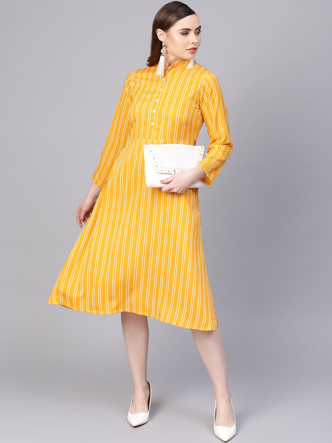 Yellow & white Striped Dress with Madarin Collar & Full Sleeves | NOZ2TOZ - Made In INDIA.