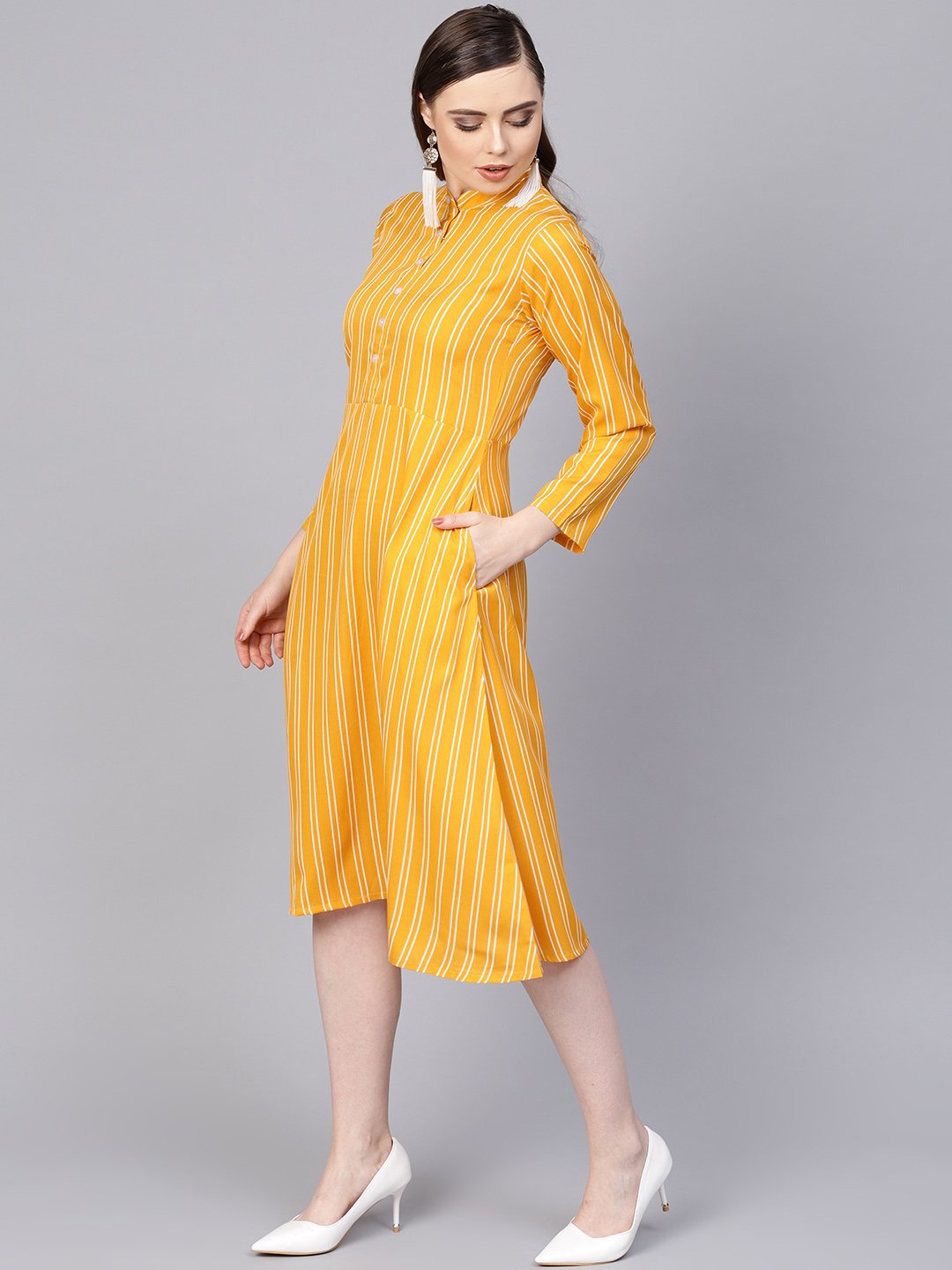 Yellow & white Striped Dress with Madarin Collar & Full Sleeves | NOZ2TOZ - Made In INDIA.