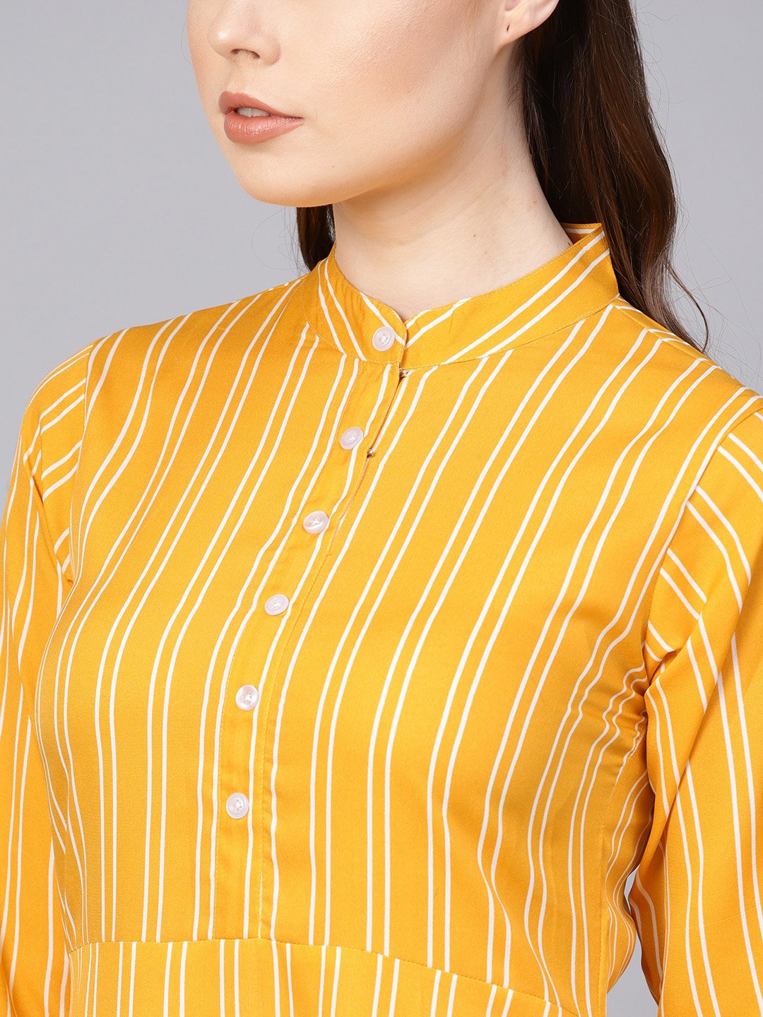 Yellow & white Striped Dress with Madarin Collar & Full Sleeves | NOZ2TOZ - Made In INDIA.