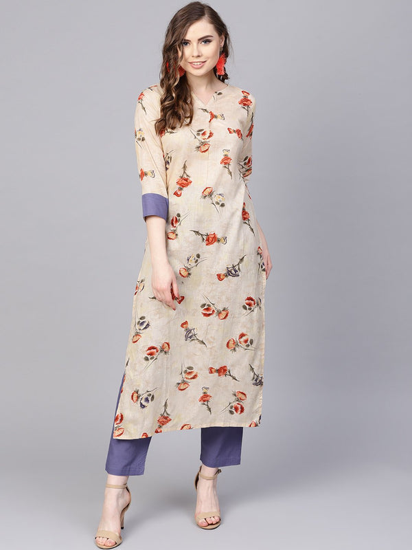 Cream printed 3/4th sleeve cotton Kurta Set  with Solid pants | NOZ2TOZ - Made In INDIA.