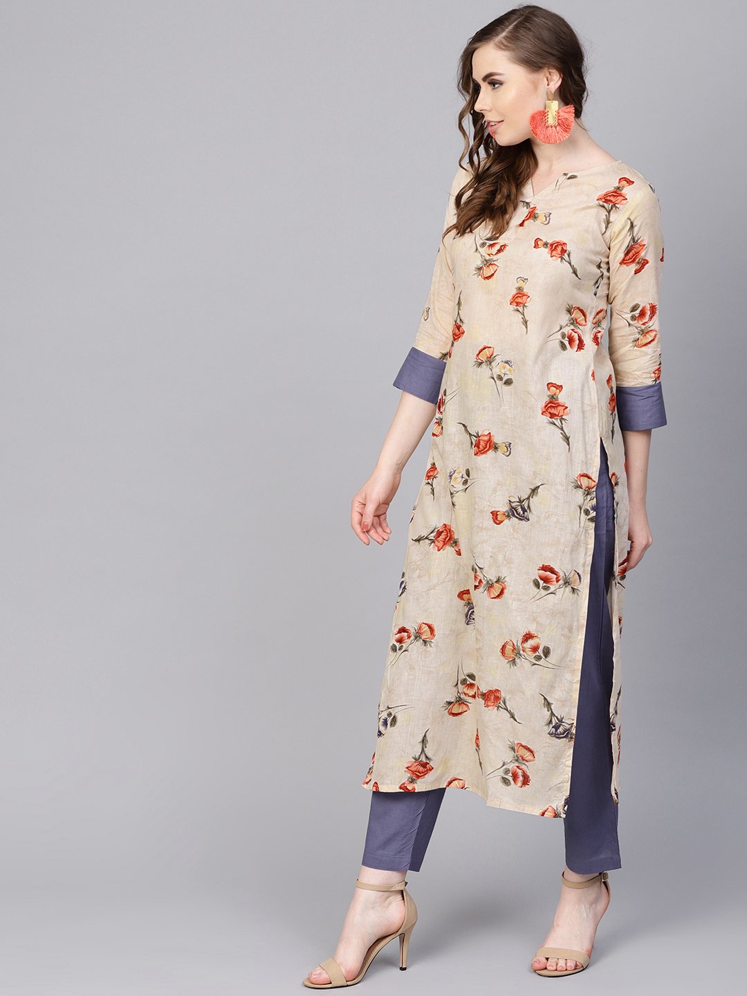 Cream printed 3/4th sleeve cotton Kurta Set  with Solid pants | NOZ2TOZ - Made In INDIA.