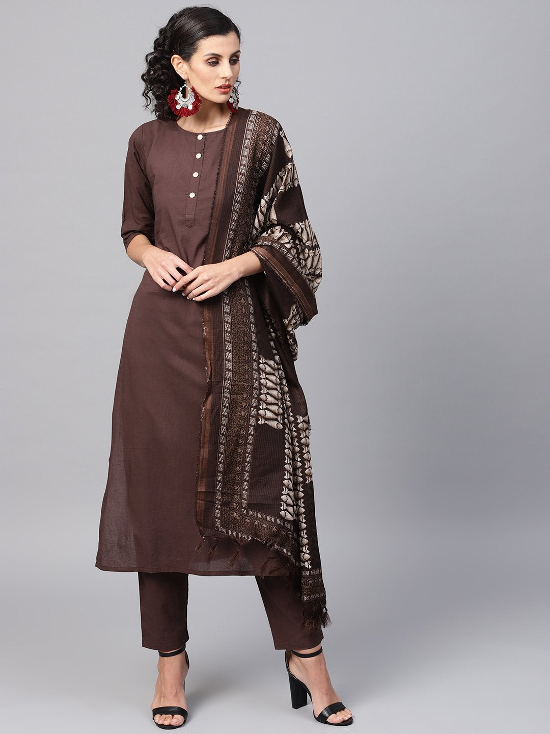 Dark Brown solid Kurta Set With Pants  & Printed Dupatta | NOZ2TOZ - Made In INDIA.