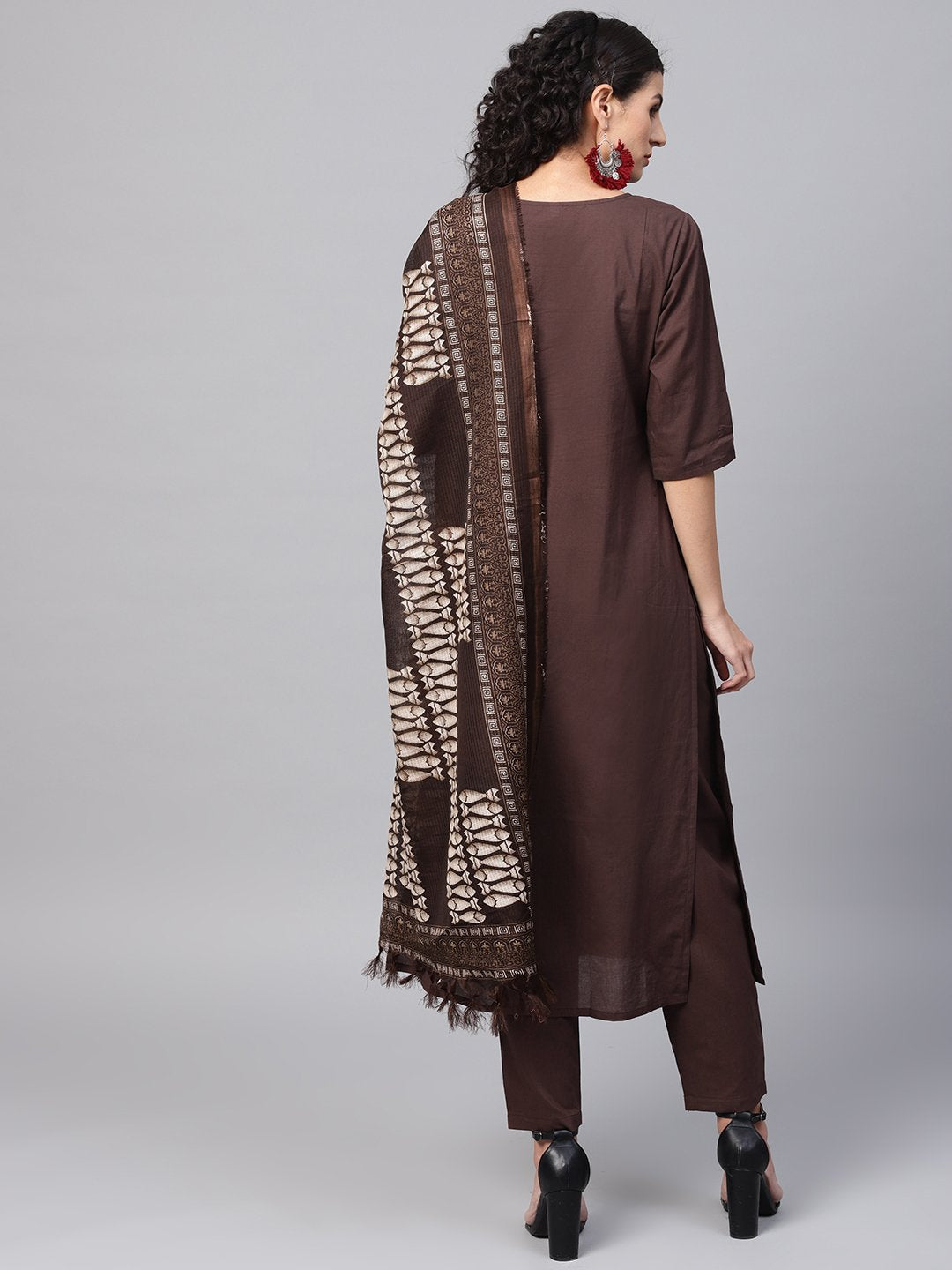 Dark Brown solid Kurta Set With Pants  & Printed Dupatta | NOZ2TOZ - Made In INDIA.